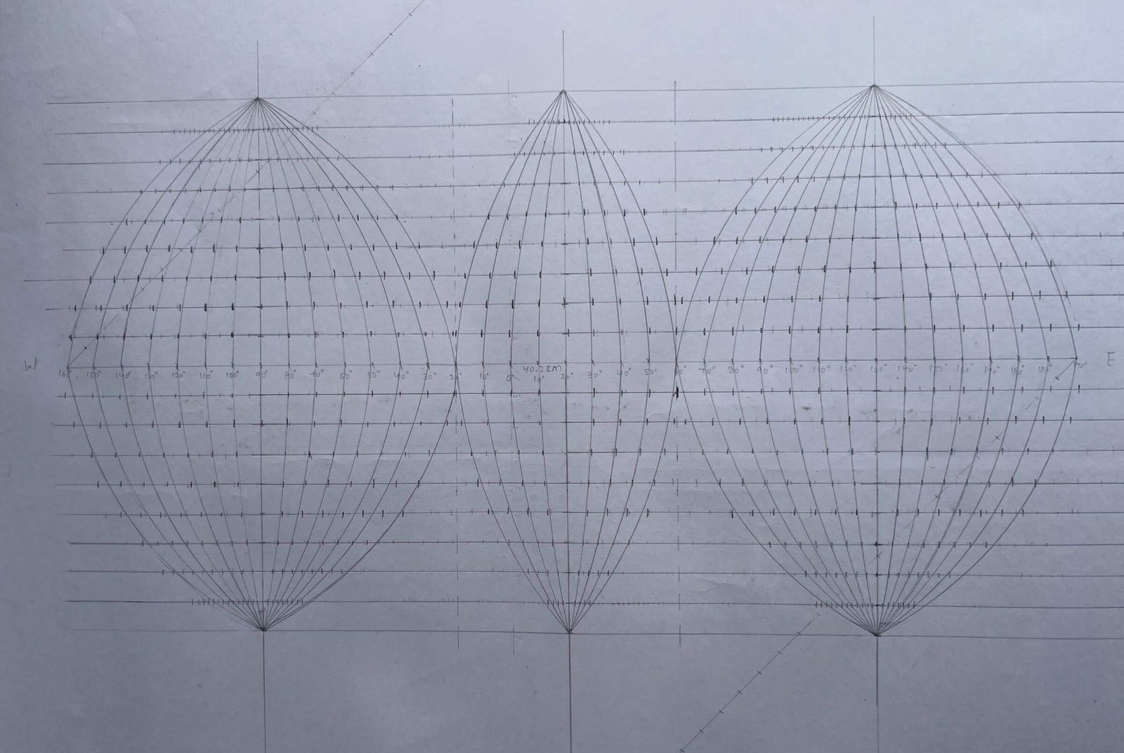 Completed pencil graticule showing the three interrupted lobes of the projection