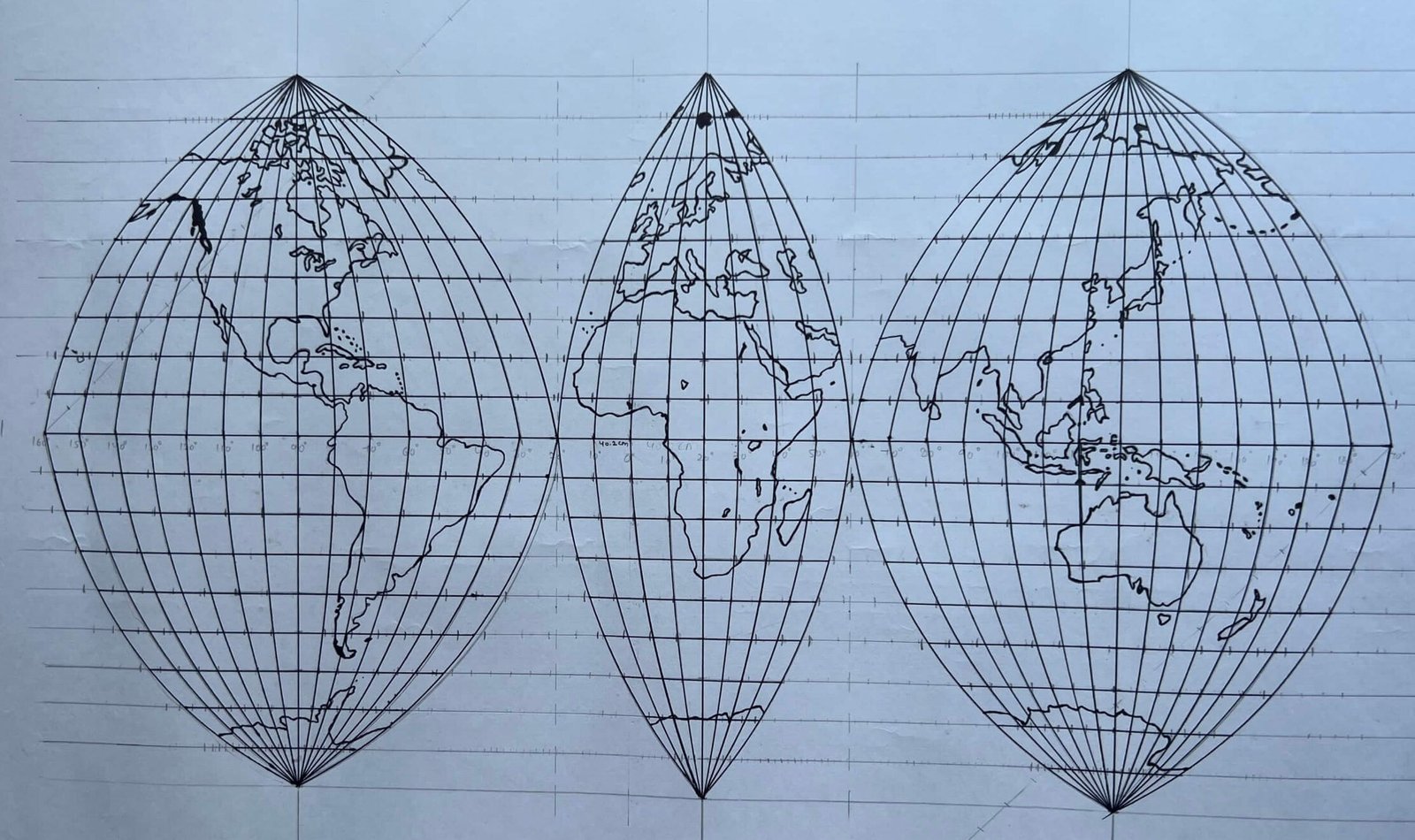 Completed hand-drawn Interrupted Sanson-Flamsteed Sinusoidal world projection