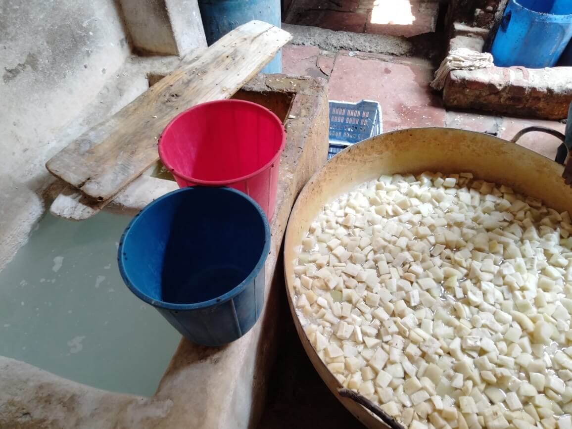 Cut ash-gourd pieces soaking beside water containers in a petha workshop
