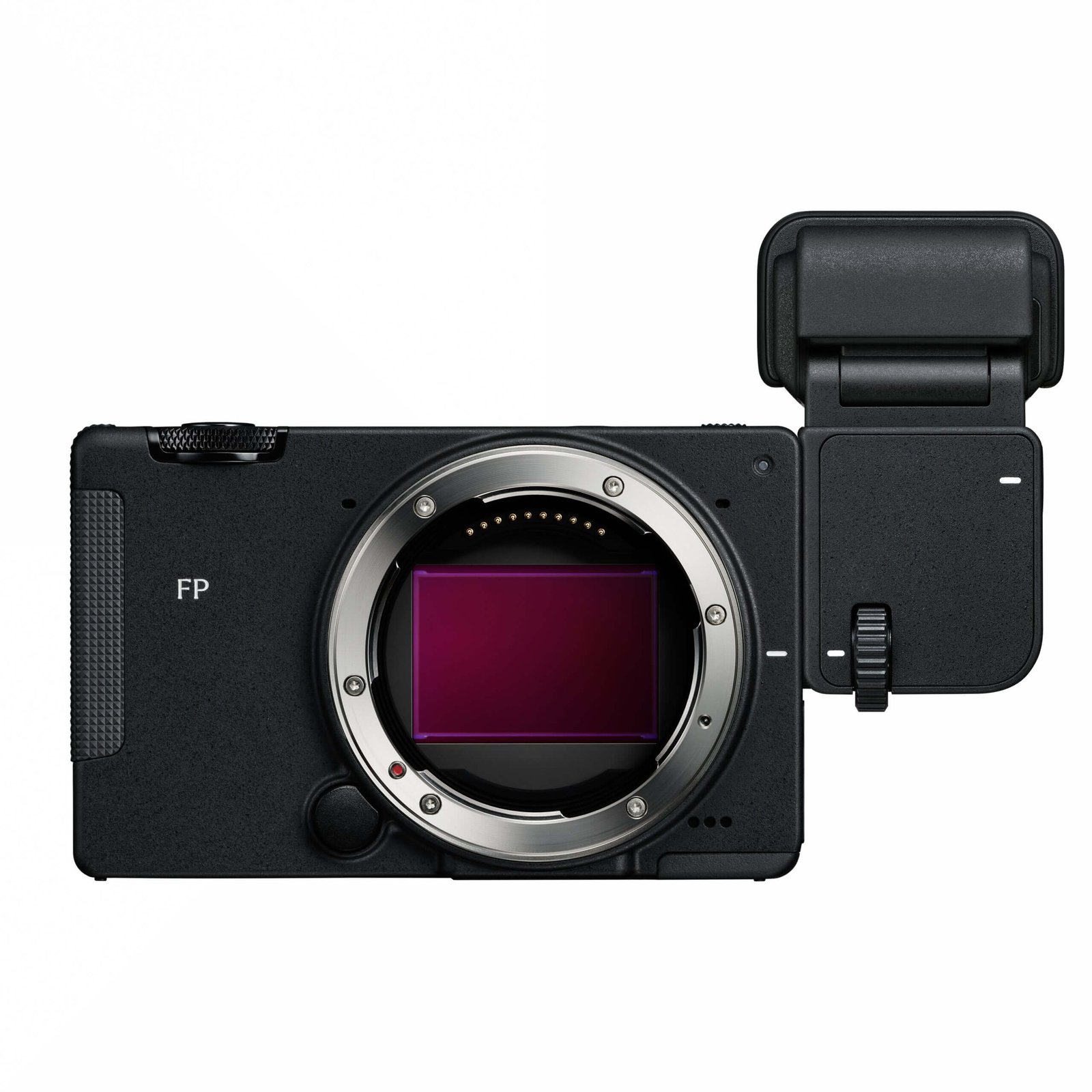 Front view of Sigma FP2 fitted with optional EVF-21 electronic viewfinder